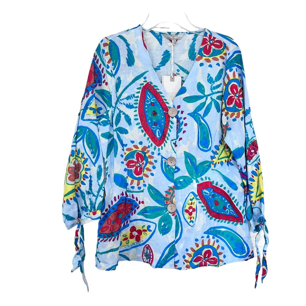 Hester & Orchard Anthropologie Blue Floral Paisley Linen Blend Blouse Small NWT